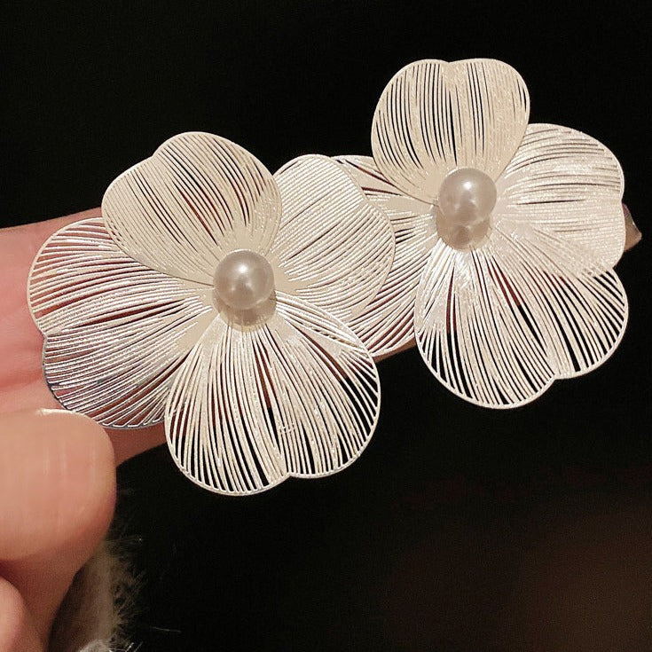 Silver Hollow Flower Petal Earrings