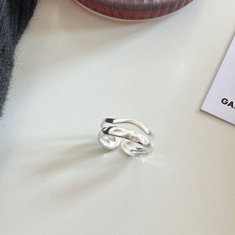 Sterling Silver Irregular Texture Double Layer Ring