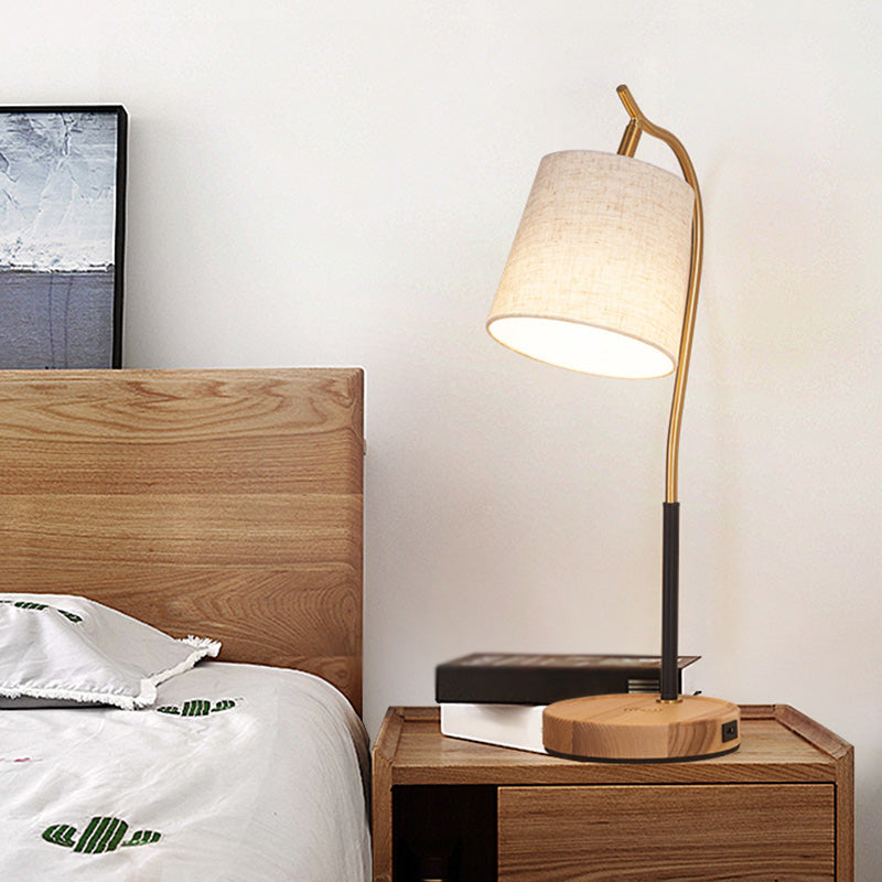 Barrel Shaped Bedside Nightstand Lamp Fabric 1 Bulb Simplicity Table Light with Gooseneck Arm