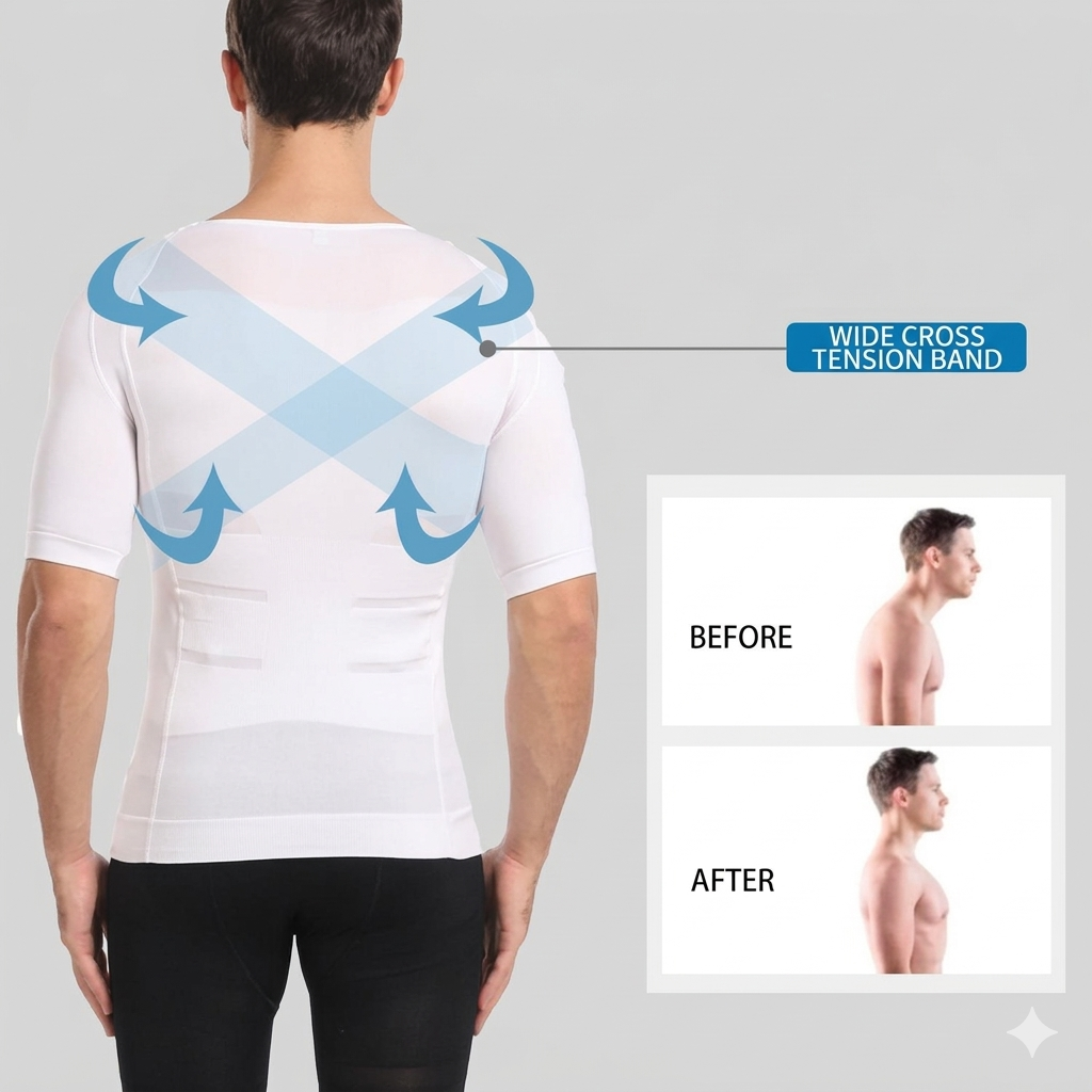 Men's Compression Body Shaper T-Shirt - Slimming Abdomen Fat Burning Undershirt - Polyester Spandex Posture Corrective Vest for Men - M to XXL