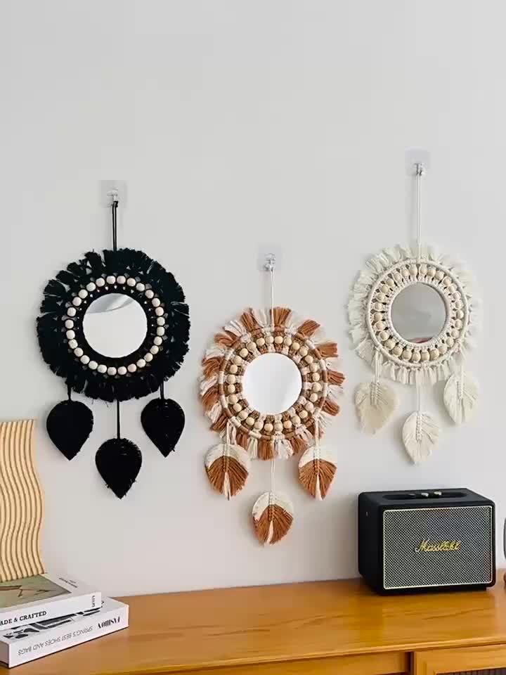 Hanging Wall Mirror - Wall Mirror with Beads & Feathers
