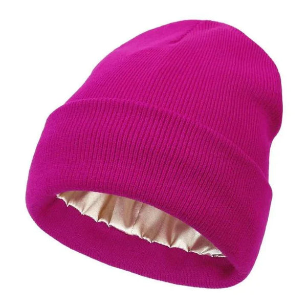 Women's Wool Winter Beanie with Anti-Frizz Silk Lining - Warm Knit Skull Cap for Hair Protection against Static and Breakage - 22 x 23cm