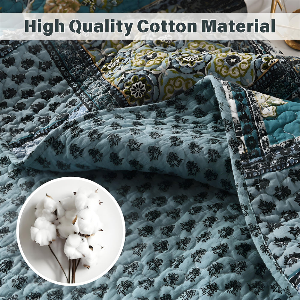 3pcs Teal/Green Farmhouse Cotton Bedspread Set