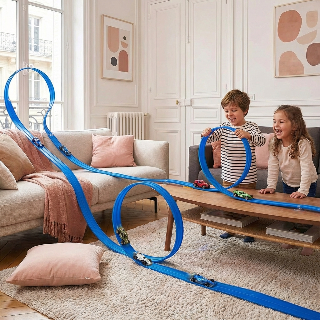 Flexible Race Track Set with Glow in the Dark Rails - Creative DIY Construction Toy with Light Up Car for Kids - Indoor Racing Play Set
