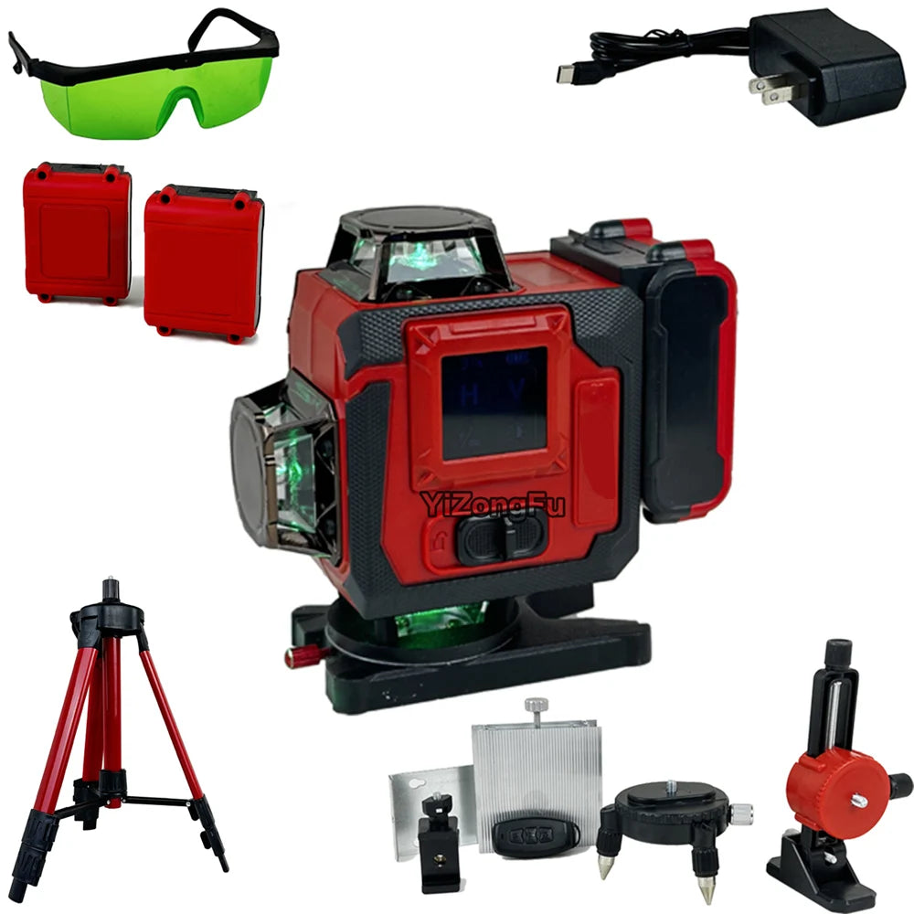 16 Line Green Laser Level Kit with Electronic Self-Leveling - Industrial Rechargeable Lithium Battery Power Tool with Remote Control - IP65