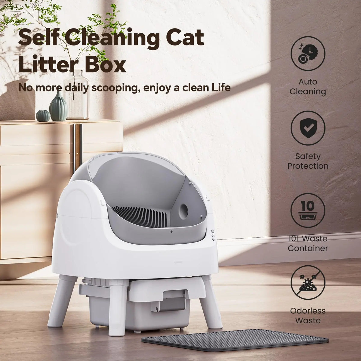 Smart Automatic Self-Cleaning Cat Litter Box with 10L Waste Tray - Quiet Plastic Pet Toilet with Safety Sensors for Cats of All Sizes - Gray