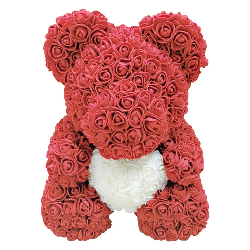 Rose Bear Artificial Flower Teddy Bear - Handmade PE Foam Everlasting Roses Gift for Women - Romantic Anniversary and Valentines Decor - 40cm Red