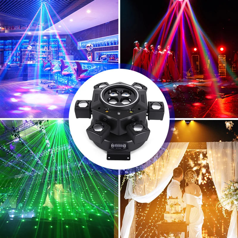 Moving Head LED Stage Light 120W - RGBW 4-in-1 Bee Eye Beam DJ Lighting with 6 Rotating Arms and DMX Control for Disco Party Events