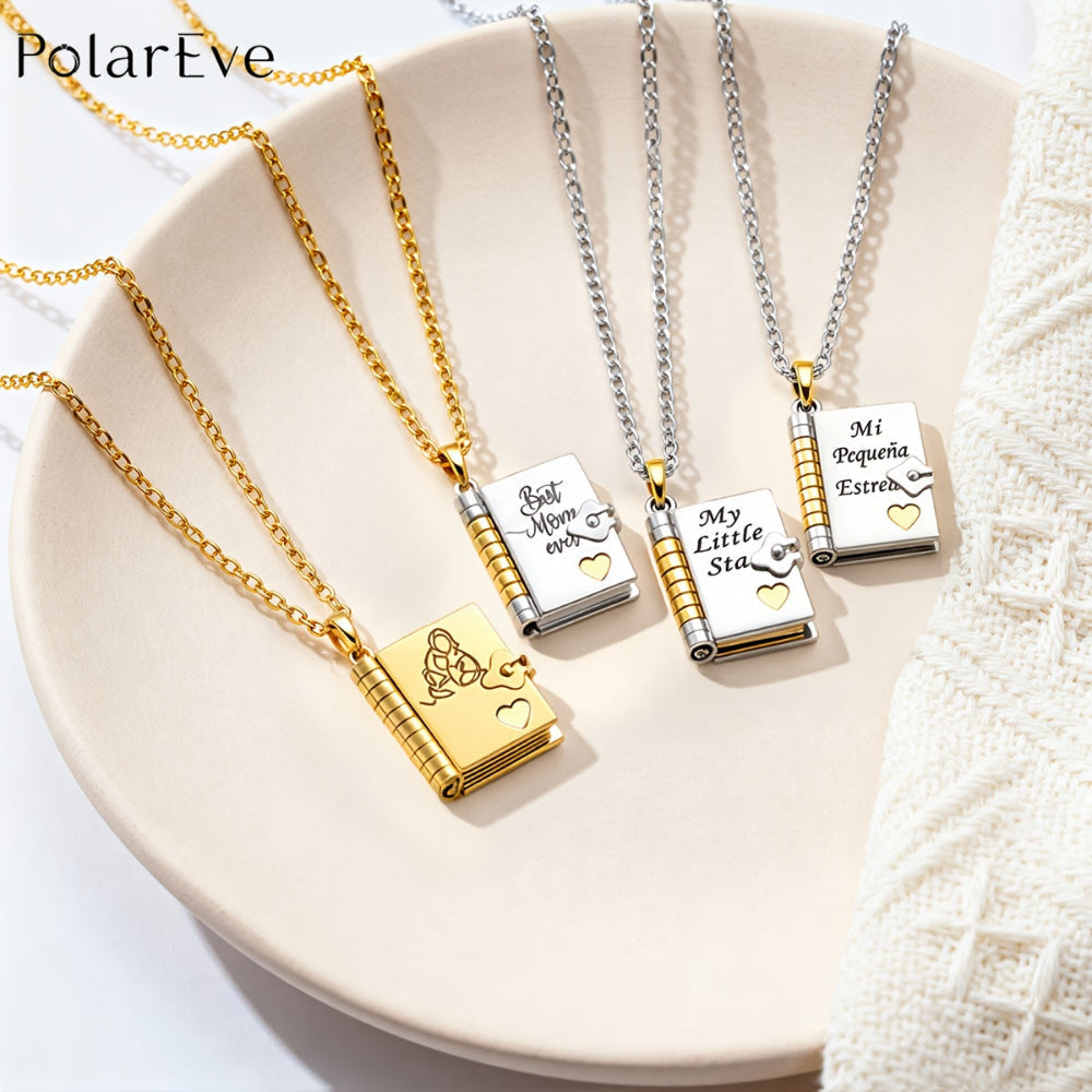 Pendant Necklace Engraved Book Locket Gift Women Mom Daughter