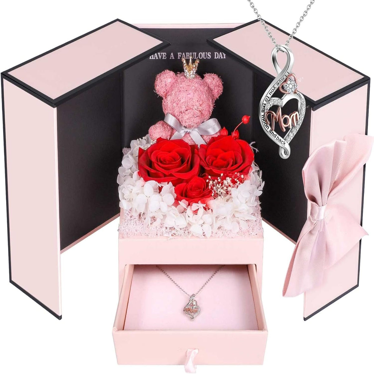 Rose Box Eternity Roses Bear Necklace Jewelry Gift