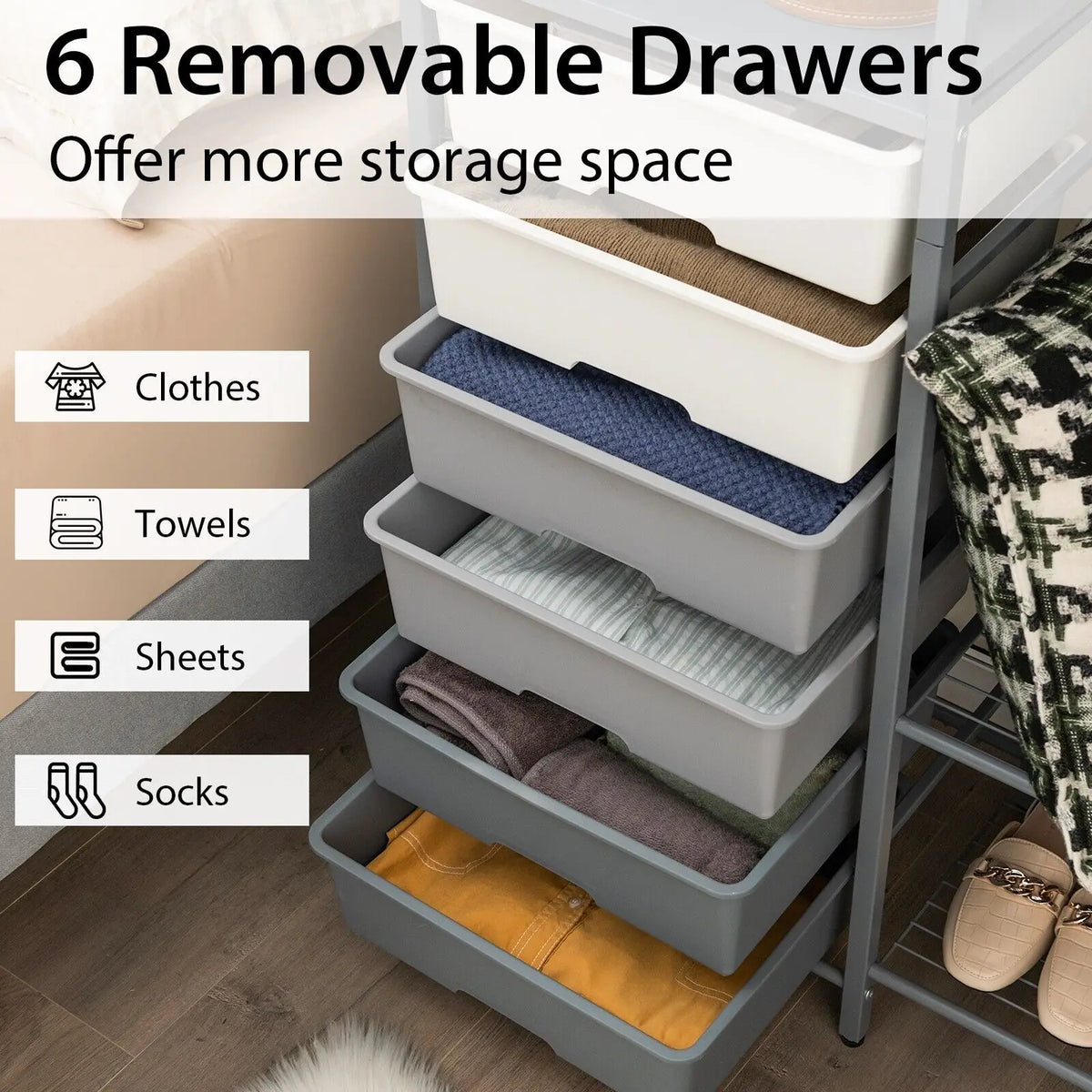 3-Tier Clothes Rails Stand Garment Coat Rack with 6 Storage Drawers