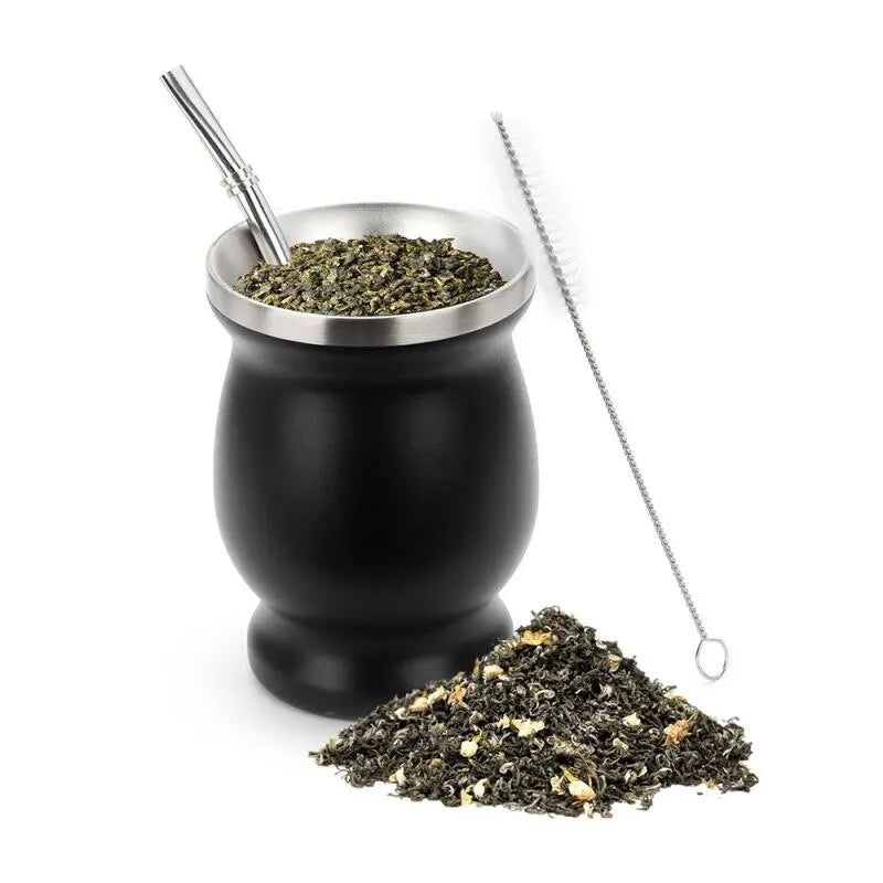 Stainless Steel Yerba Mate Gourd Cup Set - Double Walled Vacuum Insulated Tea Mug with Bombilla Straw and Cleaning Brush - Unisex - 8oz Capacity