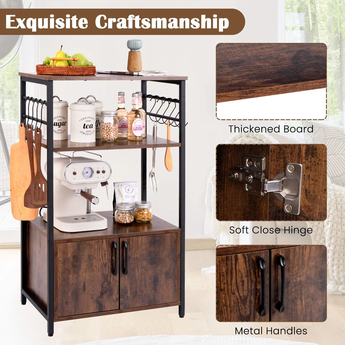 3-Tier Industrial Kitchen Bakers Rack with Cabinet
