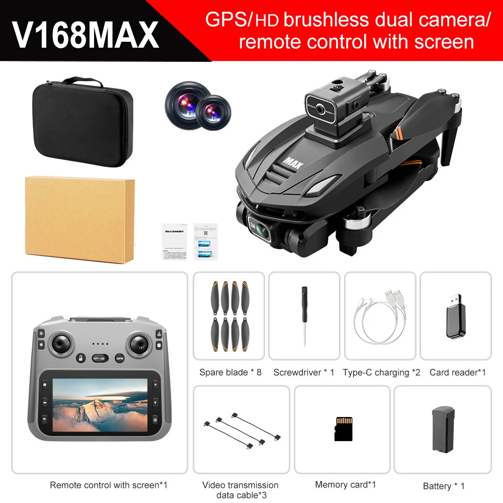 V168 MAX GPS Folding Drone with 8K Camera - Professional Brushless Aerial FPV Quadcopter with Obstacle Avoidance and Large Screen Remote