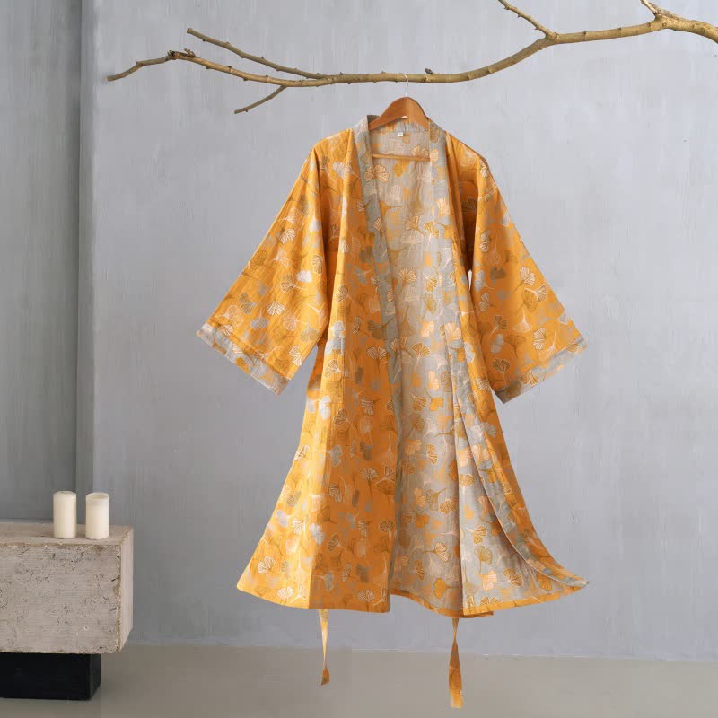 BILORAE – Ginkgo Cotton Kimono Bathrobe for Breathable Daily Comfort