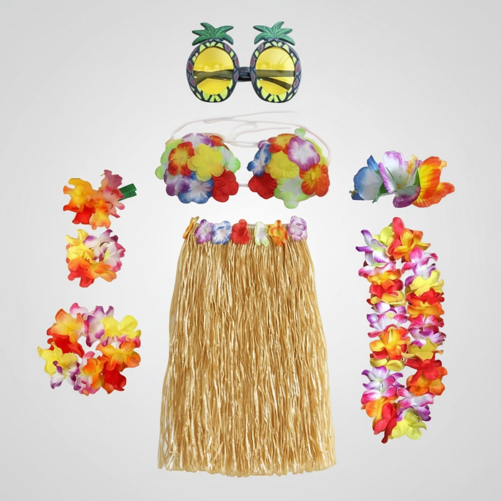 Girls' Halloween Group of Four Hula Skirt Costume Set with Grass Flower Lei Headband and Wristbands