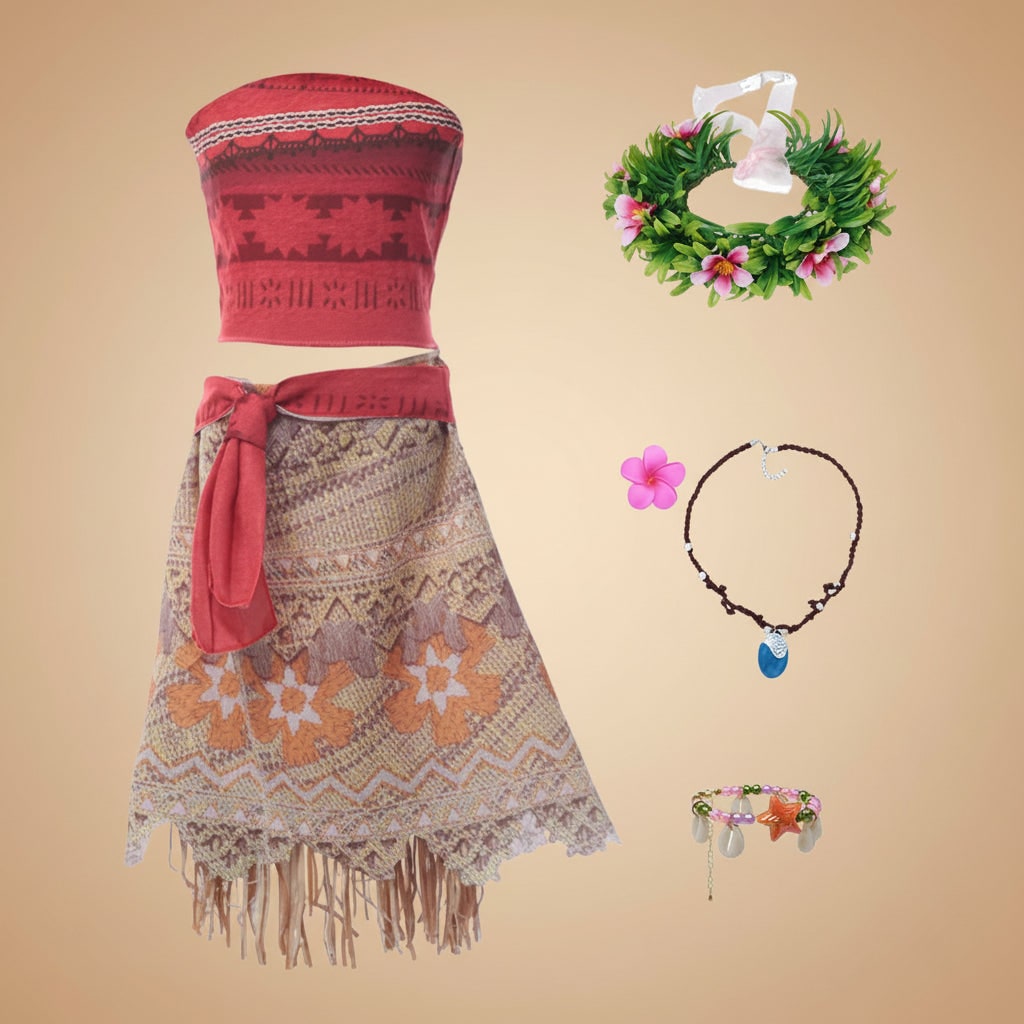 Girls' Halloween Island Princess Costume Two-Piece Set with Wig Flower Crown and Fringe Skirt