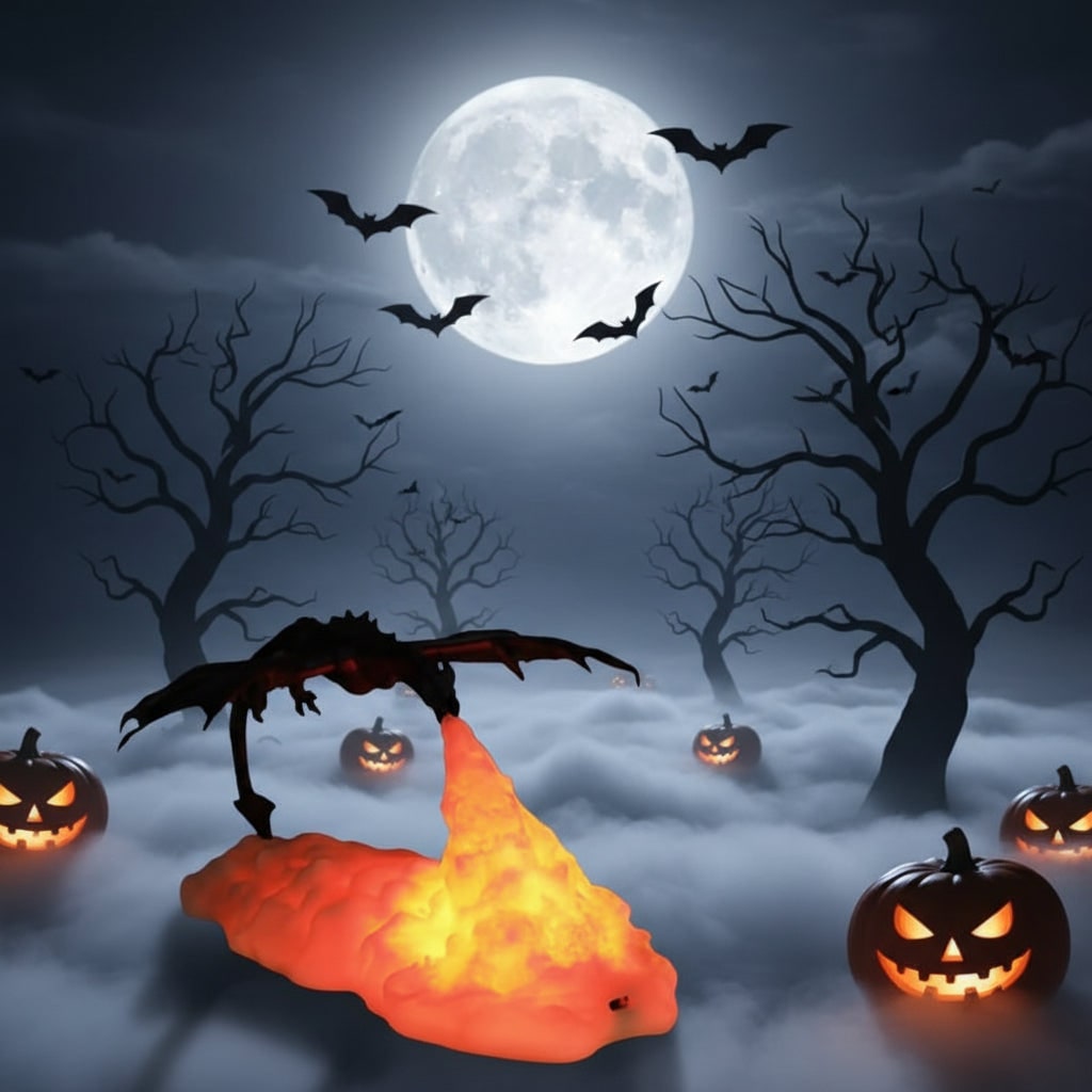 Halloween 3D Printed Dragon Night Light with USB Rechargeable LED Fire Glow