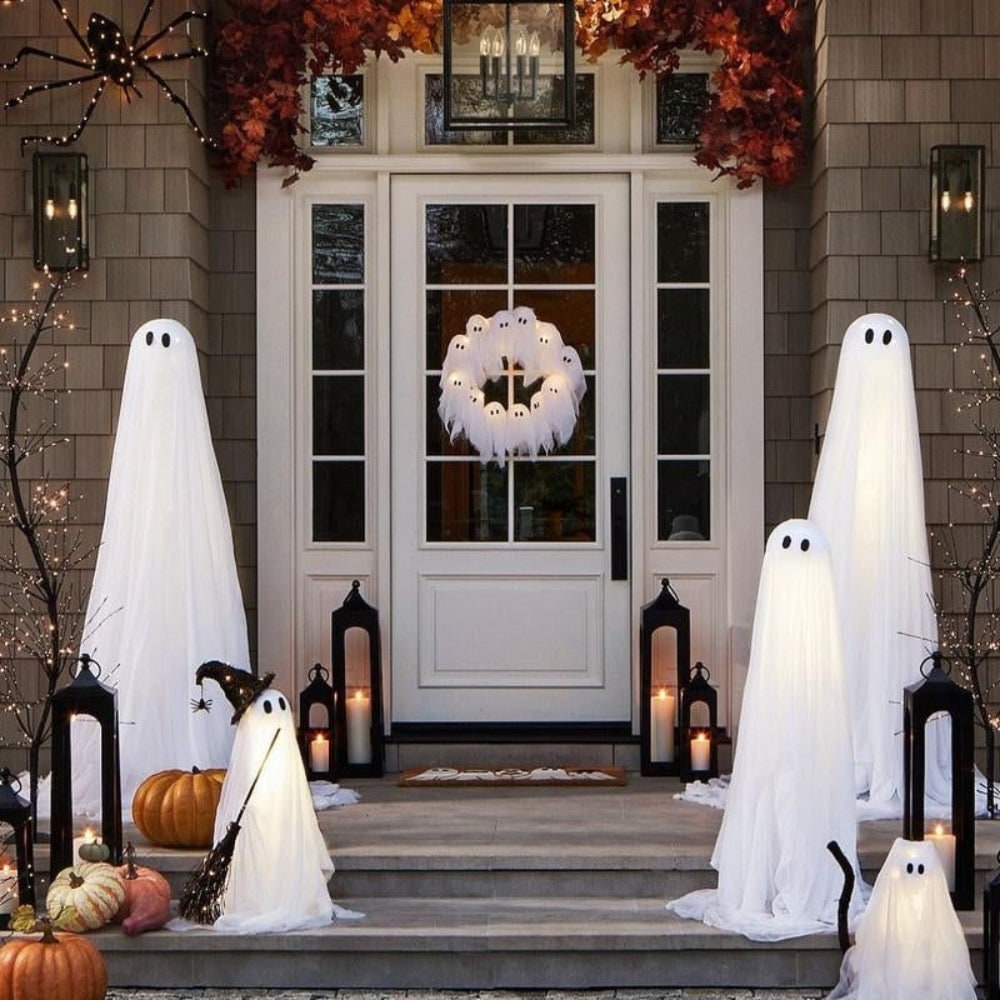 Halloween Ghost Wreath with LED Lights Black Gauze Door for Outdoor Decoration