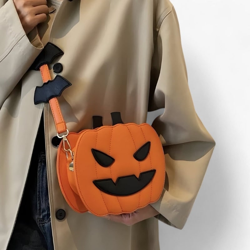 Halloween Pumpkin Purse and Handbag Jack O Lantern Crossbody Bag with Bat Accents