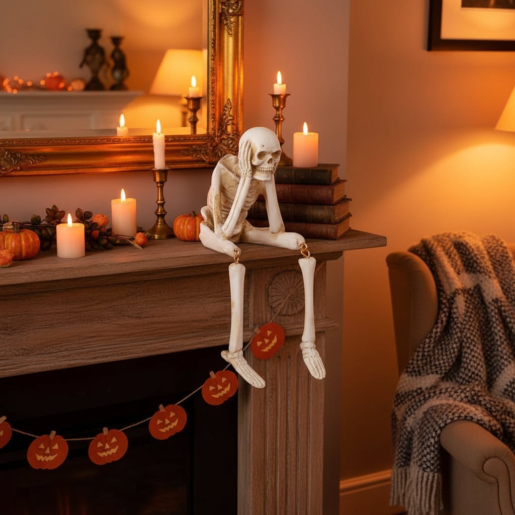 Halloween Skeleton Shelf Sitters Figurines with Dangling Legs and Poseable Joints