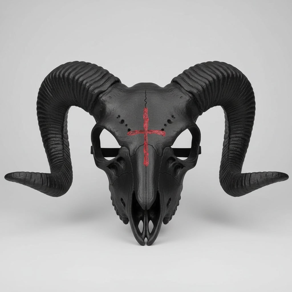 Halloween Skull Mask Goat Design with Horns and Inverted Cross for Costume Party and Haunted House