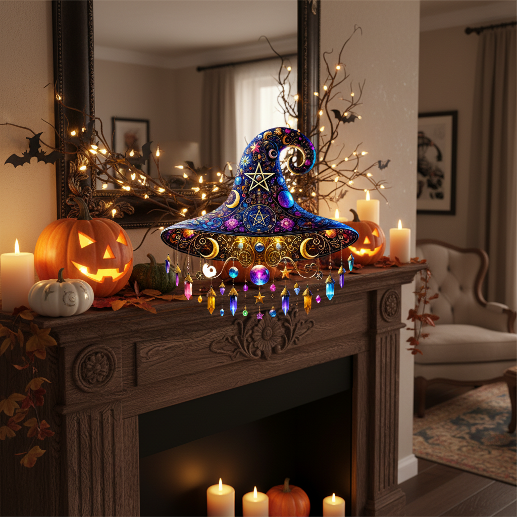 Halloween Stained Glass Beaded Suncatcher Witch Hat Hanging Window Decoration