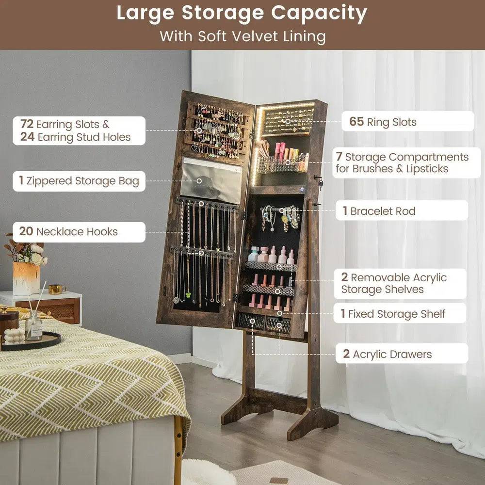 Lockable Standing Jewellery Cabinet with Organiser