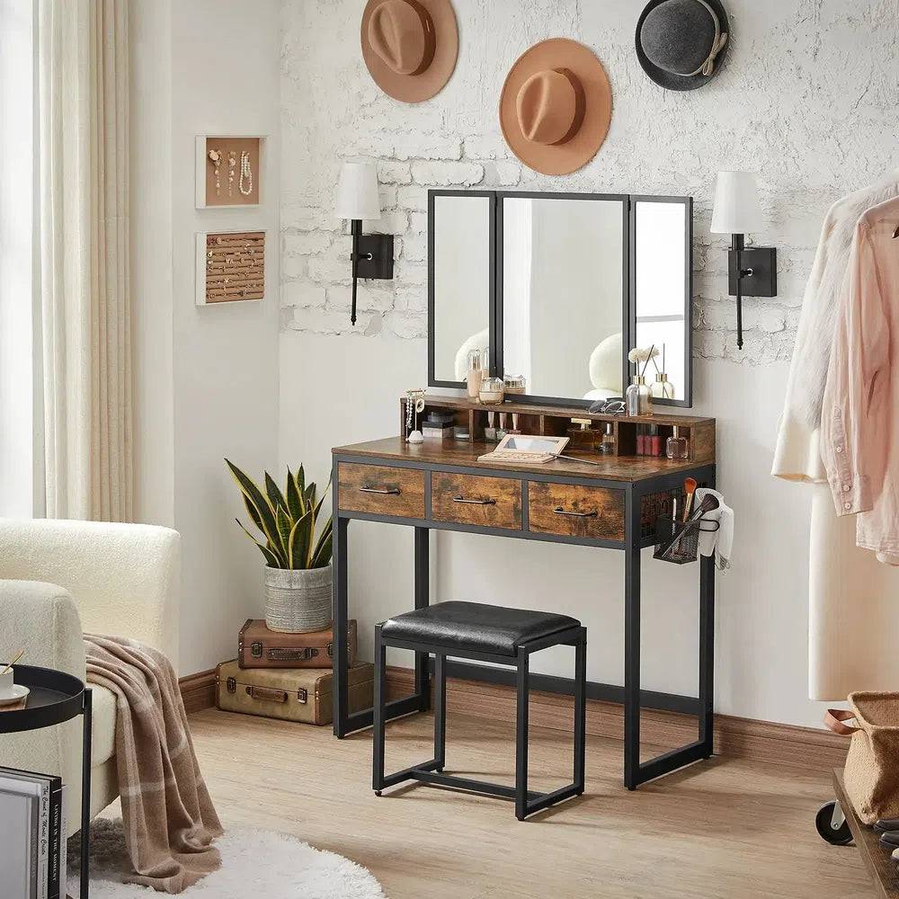 Minimalist Modern Dressing Table with Tri-Fold Mirror Stool and Storage Drawers