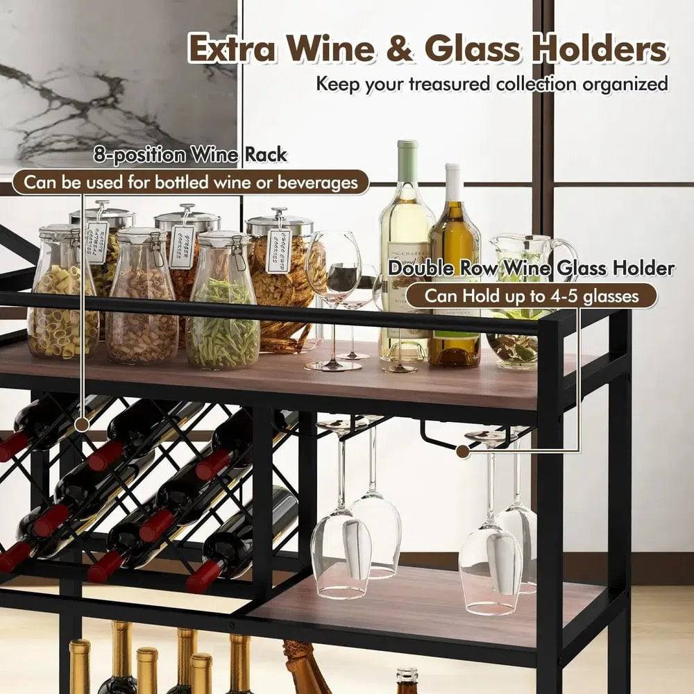 Industrial 3-Tier Rolling Bar Cart with Wine Racks