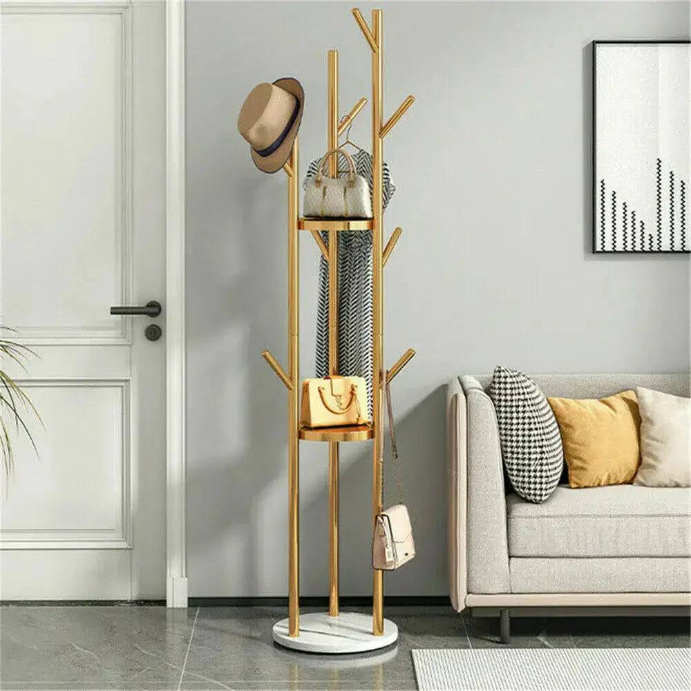 Marble Metal Coat Rack with 3 Storage Shelves & 9 Hooks