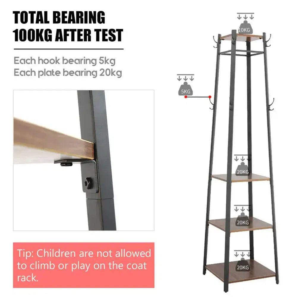 Solid Iron Coat Rack with 8 Hooks and Shelves
