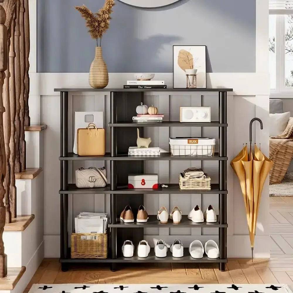 Black Open Style Six-Tier Wooden Shelving Unit