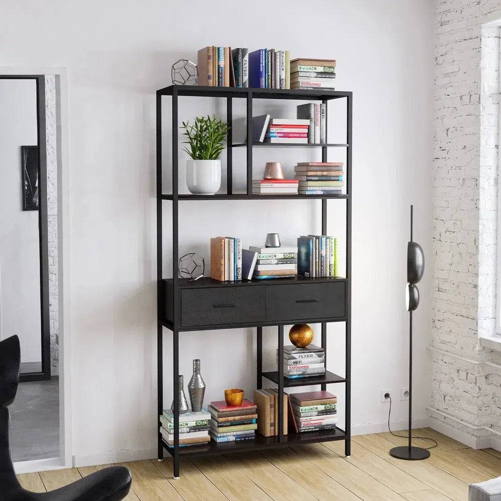 Industrial Tall Bookshelf with 6 Tiers & Drawers