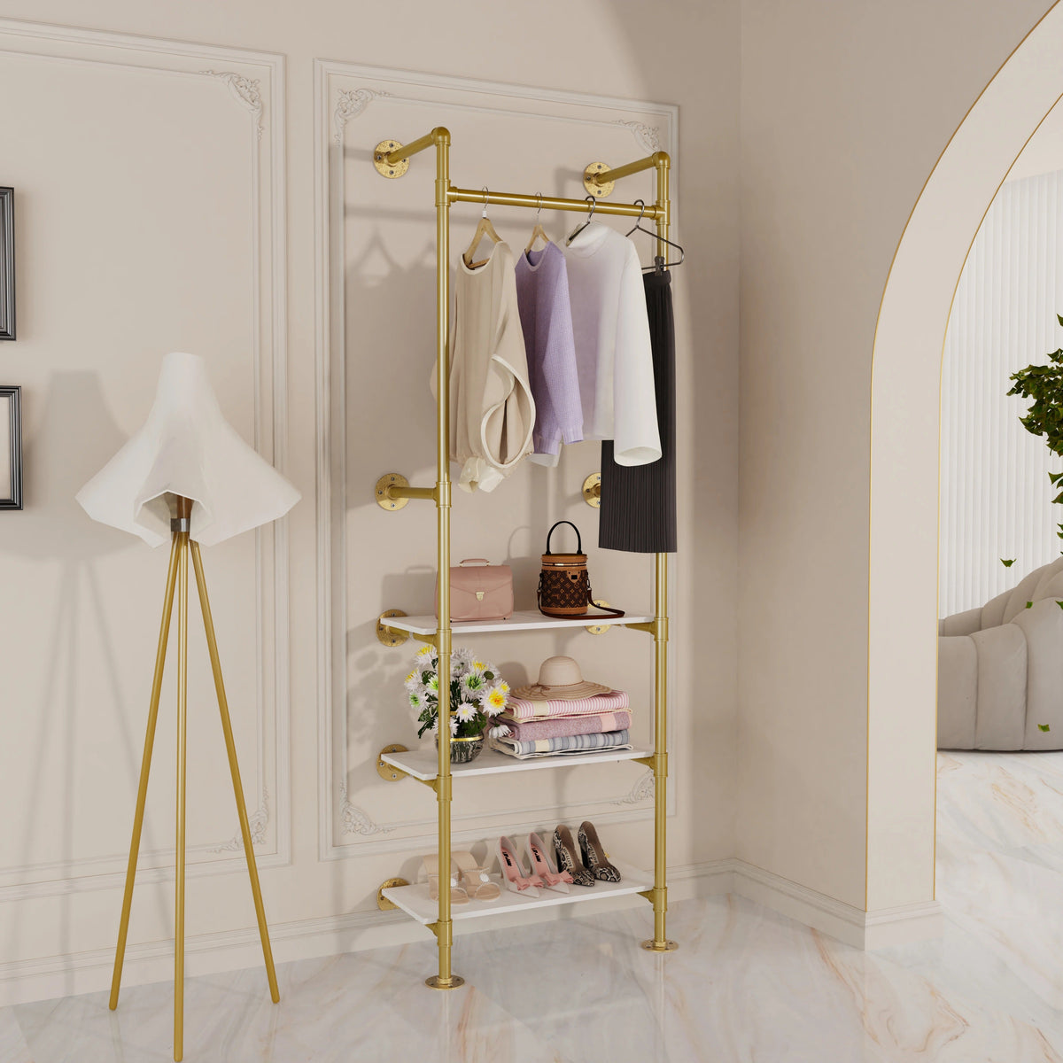 Industrial Pipe Clothes Rail with Shelves