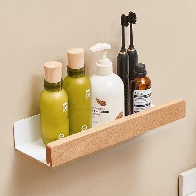 OAKVIA – Rustic Solid Wood Corner Bathroom Shelf with Strong Adhesive Backing