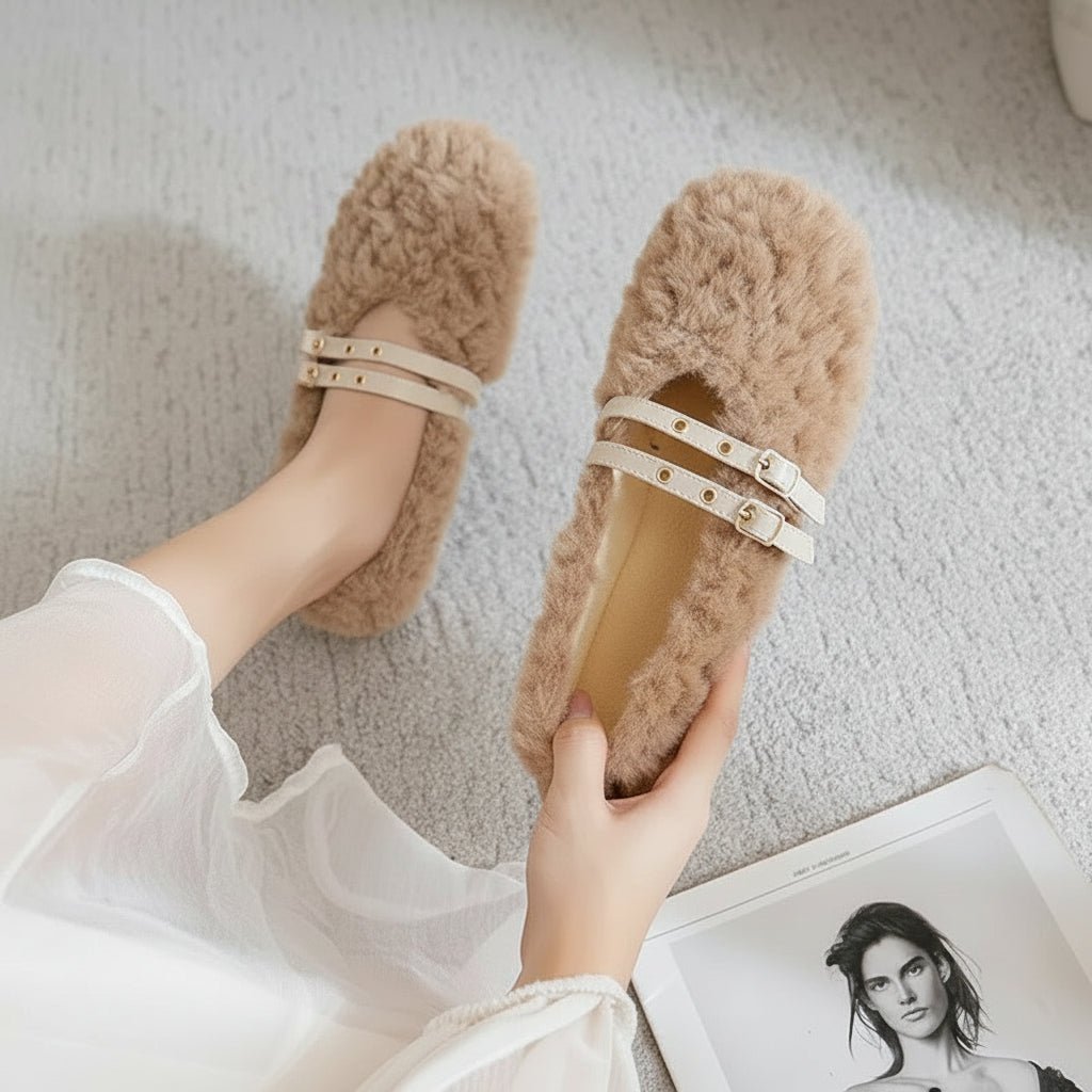 STYLESTEP – Wool Fur Loafers for Women with Double Rivets and Soft Lining
