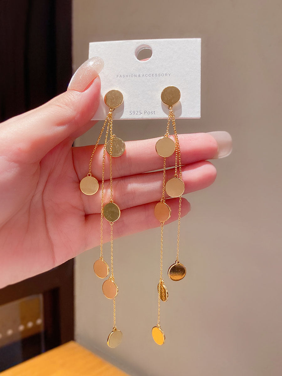 Small Round Piece Long Tassel Earring