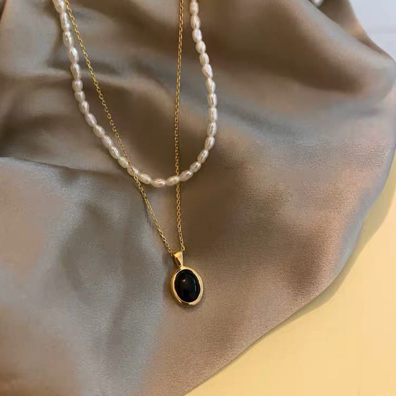 Black onyx pearl stacking necklace