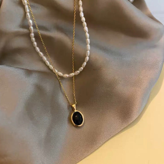 Black onyx pearl stacking necklace