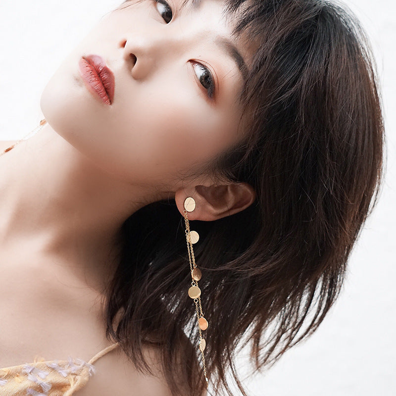Small Round Piece Long Tassel Earring