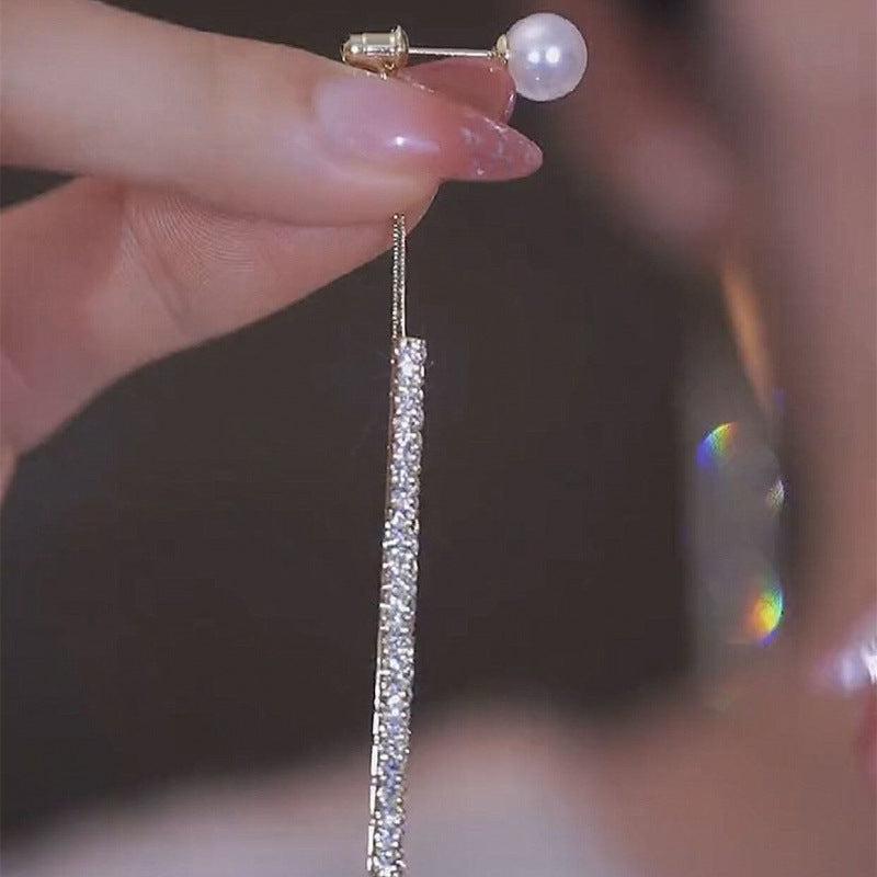 Minimalist Pearl Tassel Zirconia Earrings