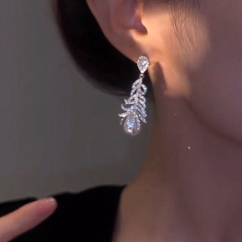 Micro Zirconia Feather Pearl Earrings