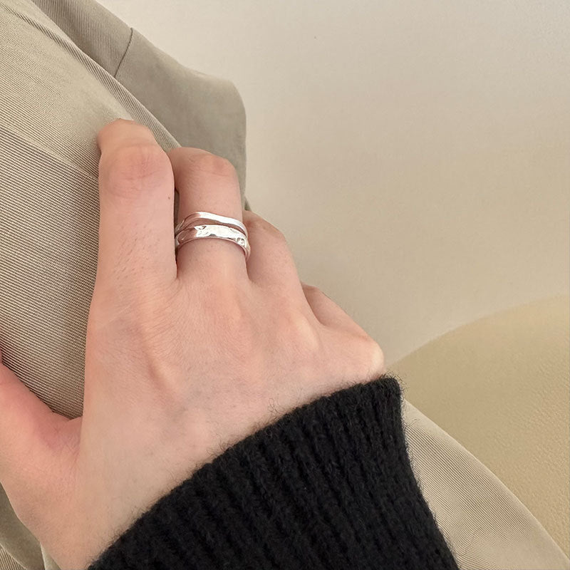 Sterling Silver Irregular Texture Double Layer Ring