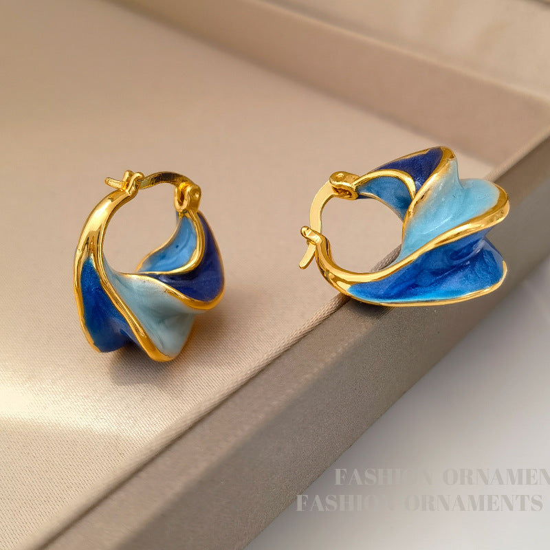 Blue Drip Oil Spiral Earrings