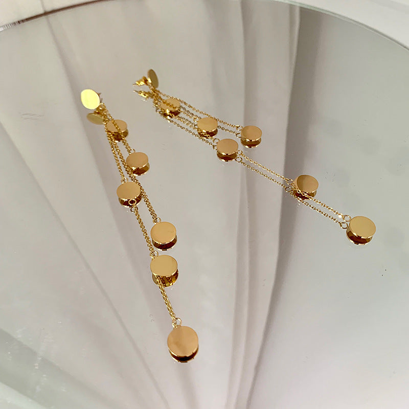 Small Round Piece Long Tassel Earring