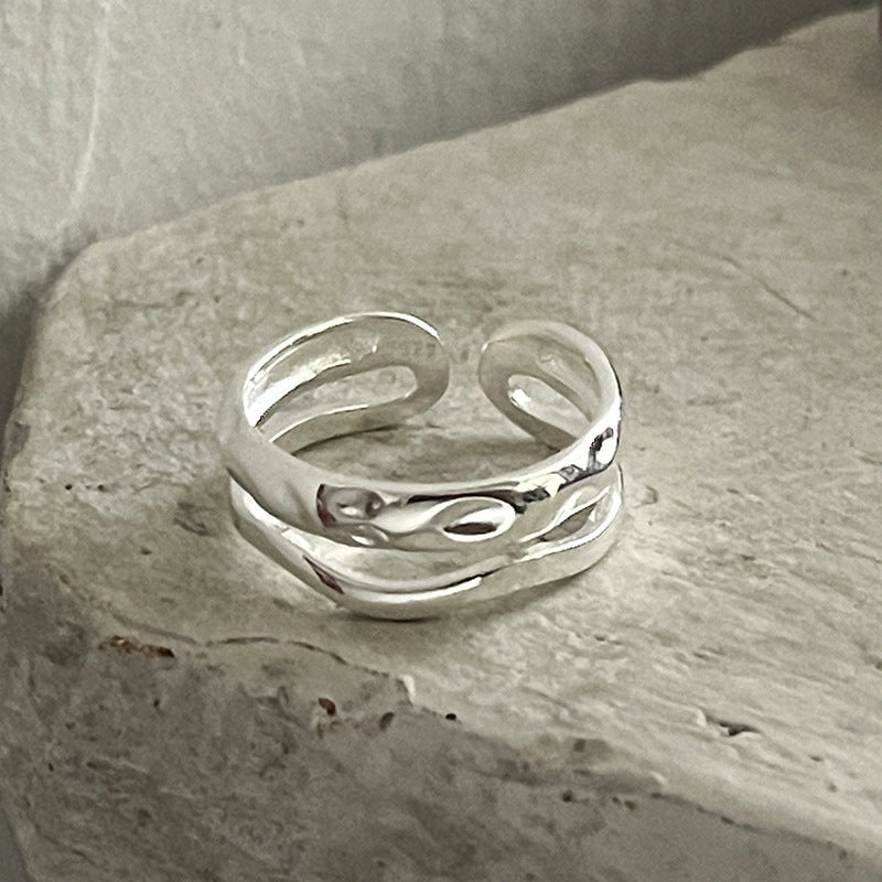 Sterling Silver Irregular Texture Double Layer Ring