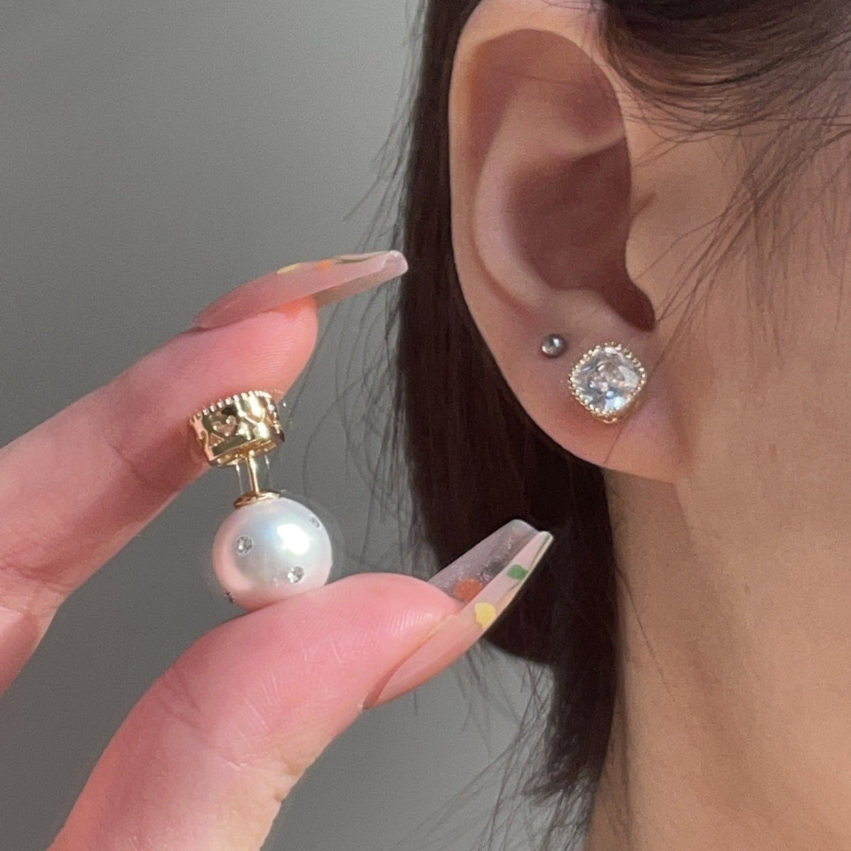 Zirconia Pearl Double Stud Earrings
