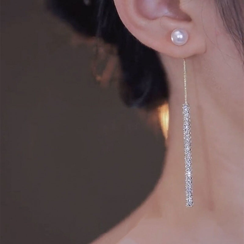 Minimalist Pearl Tassel Zirconia Earrings
