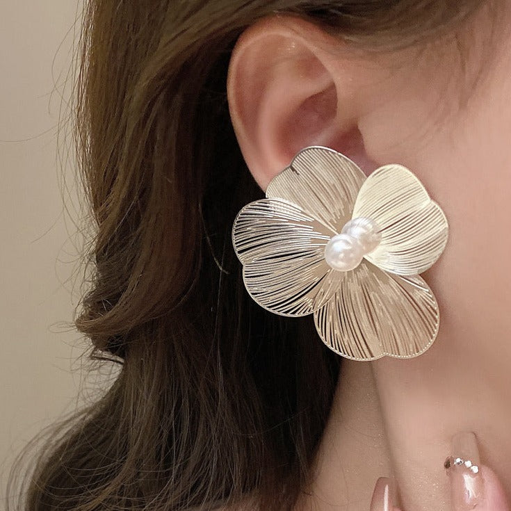 Silver Hollow Flower Petal Earrings
